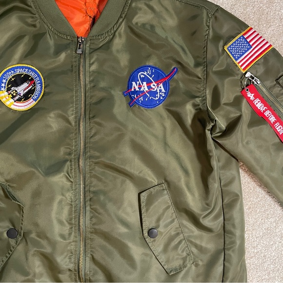 NASA Asstseries Military Bomber Jacket Men L Army Green Pockets Full Zip Lined - Picture 2 of 6